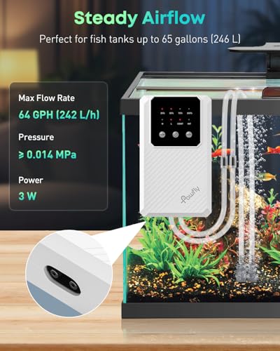 Pawfly Aquarium Air Pump, 64 GPH Rechargeable Fish Tank Air Pump for Tank Up to 65 Gallons, Ultra Quiet Adjustable Oxygen Pump with Airline Tubing, Air Stone & Check Valve, Aerator for Fish