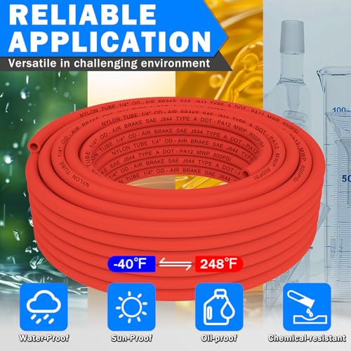 CheeMuii 76 PCS Brass DOT Air Line Fittings with 100FT 1/4" and 50FT 3/8" Red DOT Air Lines Kit Push Lock Air Line Quick Connect Fittings with Pneumatic Tubing Set - size: 2ROLL-80PCS-RED