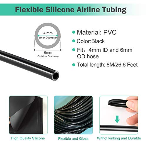 26.6 Feet Black Aquarium Soft Airline Tubing Hose Standard with 4 Air Stones,4 air Value Controller,4 Check Valves, 6 Suction Cups and 16 in Total for I,L,T,Y Shape Connectors