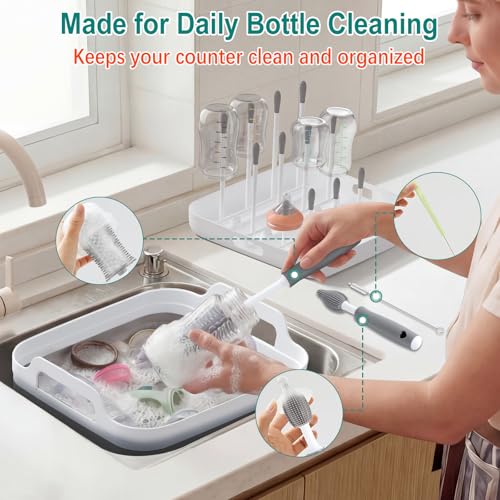 Yecuip Collapsible Wash Basin for Baby Bottles with Drying Rack – 2.4 Gallon Foldable Dish Tub with Handles, Portable RV Camping Sink & Space-Saving Wash Bin with Lid for Kitchen, Travel & Outdoor - color: Gray