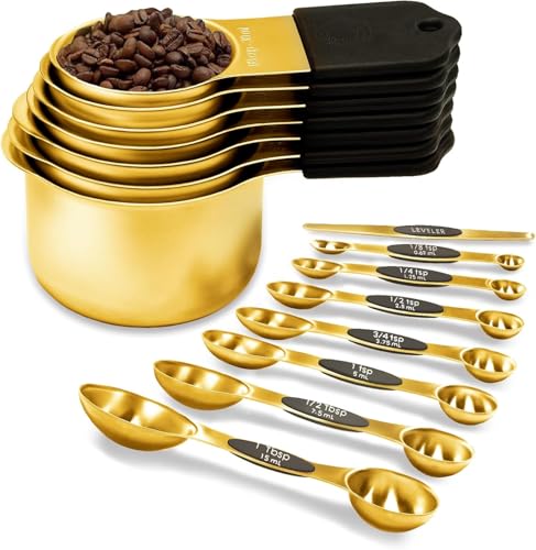 Magnetic Measuring Cups & Spoons Set, Strong N45 Magnets, Heavy Duty Stainless Steel Fits in Spice Jars for Baking & Cooking, BPA Free, Round Set of 15 with Leveler,Gold - color: Measuring Cups & Spoons Set of 15(gold)