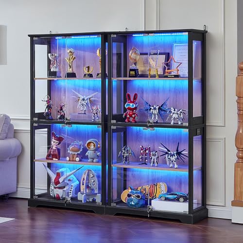 LELELINKY Farmhouse Glass Display Cabinet Set of 2 with Doors, Wooden Curio Cabinet for Collectibles with 3-Color LED Motion-Sensor Light & Reinforced Base, Black - color: Black, size: Set of 2