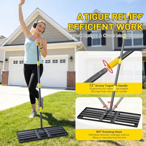 Lawn Leveling Rake,30x10 Inch Ground Plate,72 Inch Adjustable Long Handle Yard Level Tool with Curved Edge,Heavy Duty Large Landscaping Lawn Leveler for Grass, Golf Field, Soil Sand Dirt Spreader - size: 30"x10", 72"