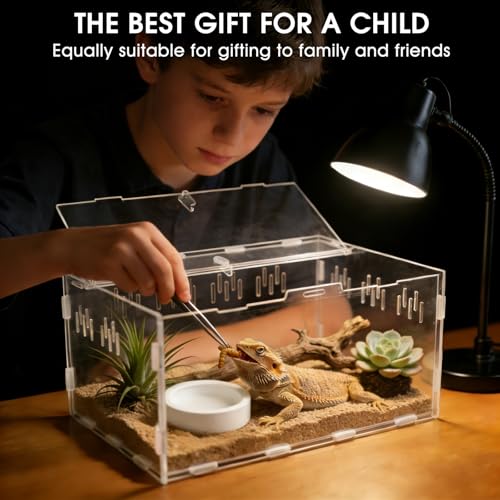 Acrylic Reptile Terrarium, Tarantula Enclosure with Magnetic Door, Easy-Clean Reptile Tank for Spider, Insect, Gecko, Mantis, Frog, Snail, Isopods- 11.4" X 7.8" X 5.9"(Tweezer and Bowl Included) - size: Basic Horizontal - Kit
