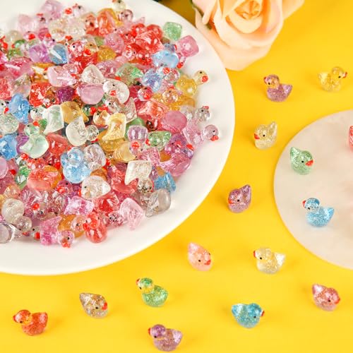 240 Pcs Glitter Mini Resin Ducks, Colorful Tiny Small Plastic Ducks Figures to Hide Little Resin Animals Bulk for Miniature Landscape Aquarium Potted Dollhouse Fairy Garden Accessories Decorations - style: Glitter Ducks