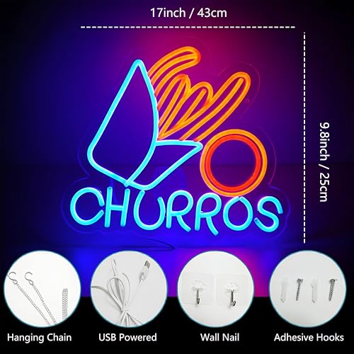 Churros Neon Sign For Churros Shop Decor Led Neon Lights Hanging Wall Art Decoration for Food Shop Restaurant Store Food Stand Truck Shop Juice Bar Market Party Home Wall Decor USB Powered Ultra Bright Dimmable, 15 * 13inch - color: Neon Churros