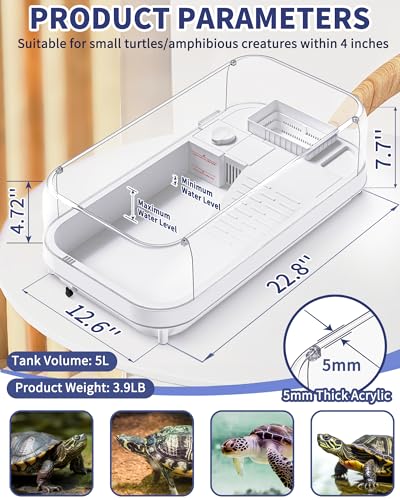Moonorange Large Turtle Tank with Water Pump, Acrylic Turtle Tank Starter Kit with Heightened and Curved Fences, Multi-Function Areas, Bottom Drainage - color: White (Large Tank)