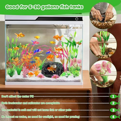 QUOZUO Broken Barrel Fish Tank Decor, 16pcs Fish Tank Accessories Artificial Plants Aquarium Ornaments for Fish Cave Hide - Resin Barrel x1pcs, Coral x2pcs, Aquarium Plastic Plants x13pcs