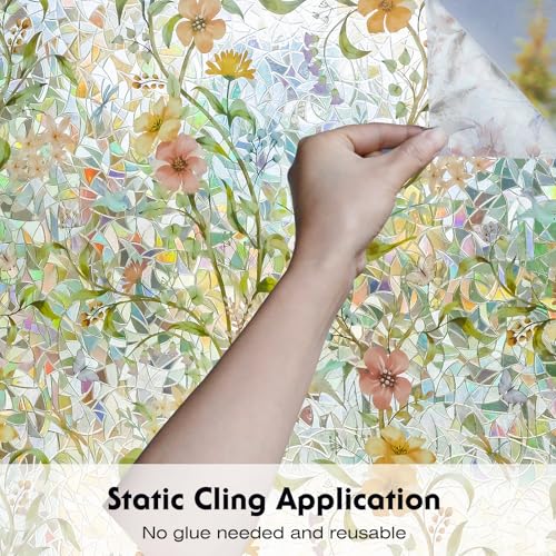 Volcanics Stained Glass Window Film with Installation Tools, Rainbow Window Privacy Film, Decorative Window Clings for Glass Windows, Static Cling Sun Blocking Floral Decals, 17.5 x 78.7 Inch - color: Flower Rainbow, size: 17.5" X 78.7"