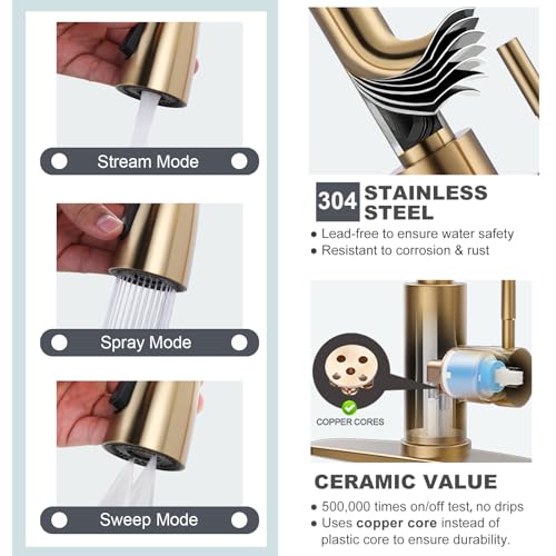 WOWOW Brushed Gold Kitchen Faucet With Sprayer, Stainless Steel High Arc Single Handle Sink Faucet for 1 or 3 Hole, Luxurious Gold Utility RV Kitchen Tap - color: Gold, style: Kitchen Faucet