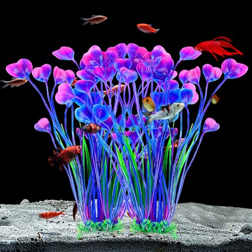 AQUANEAT Artificial Fish Tank Plants, Plastic Aquarium Accessories Large, 15.5 inch Purple Decorations, 2pcs - color: Purple