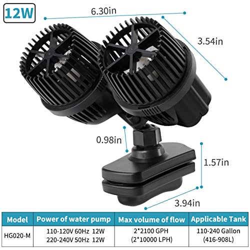 hygger 4200GPH Double Head Aquarium Circulation Pump, Quiet 12W Aquarium Wave Maker, with Strong Magnetic Suction Base, 360°Adjustable Power Head, for 110~240 Gal Tank - size: 4200GPH 12W, for 110~240Gal