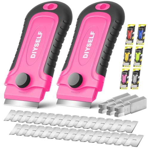 DIYSELF Razor Blade Scraper | 2 Pack Scraper Tool for Cleaning, Glass, Stickers | Paint Scraper | Heavy Duty Razor Scraper | Glass Scraper | 30 Pcs Single Edge Razor Blades for Scraping Included - color: Pink, size: 2 Pack