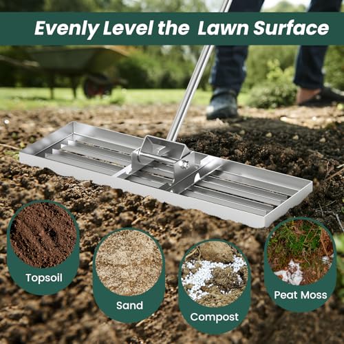 Goplus Lawn Leveling Rake, 30" x 10" Heavy Duty Level Lawn Tool w/ Ergonomic Handle for Soil, Effort-Saving Landscape Rake for Garden, Backyard, Golf Course, Farm, Pasture, Silver - style: 30" x 10", Silver