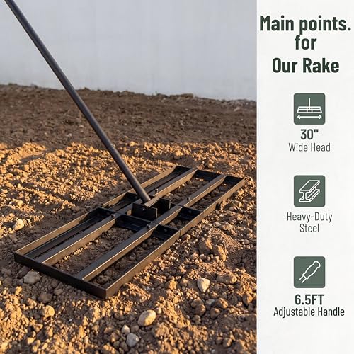 Lawn Leveling Rake - 30x10 Leveling Rake for Soil, Heavy Duty Yard Leveling Rake with 6.5FT Extra Long Handle, 2mm Thickened Stainless Steel Lawn Leveler, Landscape Tool for Dirt and Sand, with Gloves