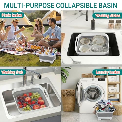 Yecuip Collapsible Wash Basin for Baby Bottles with Drying Rack – 2.4 Gallon Foldable Dish Tub with Handles, Portable RV Camping Sink & Space-Saving Wash Bin with Lid for Kitchen, Travel & Outdoor - color: Gray