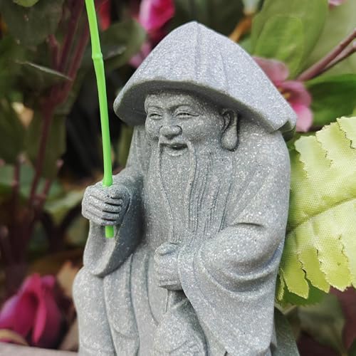 livelyfish Aquarium Fisherman Statue Japanese Old Man Figurine Sandstone Sitting Fishing Figurines for Fish Tank Garden Home Decor (E2) - color: E2