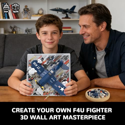 Military Plane 3D Wall Art Micro Mini Building Blocks Set, WW2 F4U Fighter Jet Wall Decor or Table Display, No Compatible with Lego, Great Army Airplane Toy Gift for Adults Teens 14+ (1674 PCS) - style: F4U Military Plane