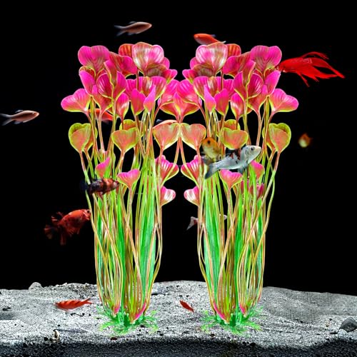 AQUANEAT Artificial Fish Tank Plants, Plastic Aquarium Accessories Large, 15.5 inch Red Decorations, 2pcs - color: Red