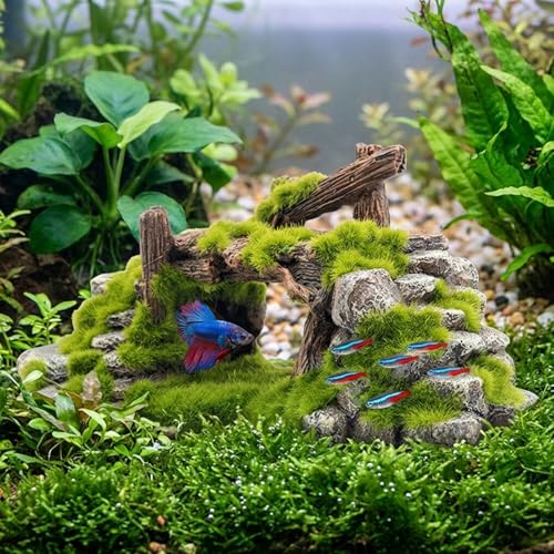 Small Aquarium Decor, Natural Mossy Bridge & Stone Hideout for Fish and Shrimp, Aquarium Decorations to Enhance Tank Landscape Hides Decorations