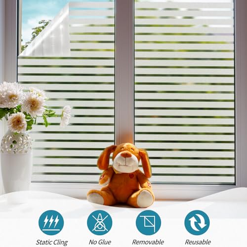 Bloss Window Film Striped Window Decal Non-Adhesive Privacy Film, Vinyl Glass Film Window Tint for Home Kitchen and Office (17.7" x 78.7",1 Roll) - color: Wide Stripe, size: 17.7" x 78.7"