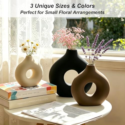 Upgraded Ceramic Vases Set for Home Decor, 3 Piece Modern Neutral Room Decor Desk Vase Bedroom Decor Flower Vase for Table Shelf Office Kitchen, Happy Birthday Gifts for Women Mom Men, Round - color: Round-3pcs