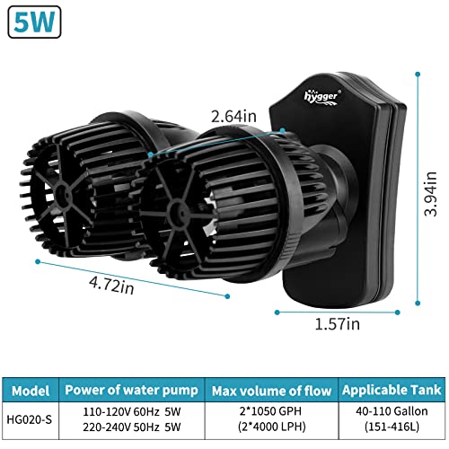 hygger 2100GPH Double Head Aquarium Wave Maker, Quiet 5W Aquarium Circulation Pump, with Strong Magnetic Suction Base, 360°Adjustable Power Head, for 40~110 Gal Tank - size: 2100GPH 5W, for 40~110Gal