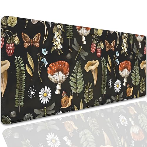 Plant Mushroom Desk Pad Mouse Pad,Large Black Aesthetic Mouse Mat with Stitched Edges,Non-Slip Rubber Base Mousepad for Office PC Keyboard Laptop and Home Work Desk Mat(27.5X11.8 in) - color: Mushroom