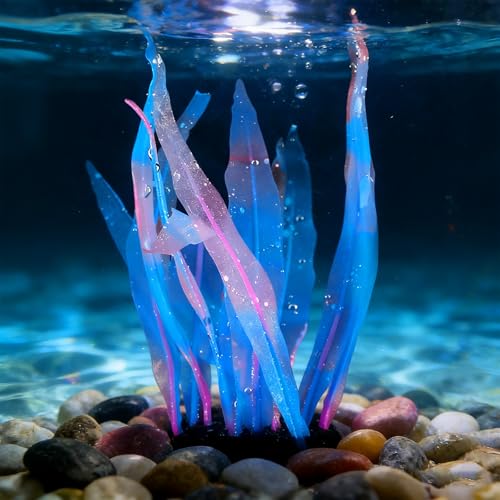 Aquarium Decoration, 10" Plastic Fish Tank Plants Artificial Silicone Glowing Kelp Aquarium Plants Ornament, (Blue, 1 Pcs), Intended for Tall Fish Tank Decor/Landscaping - color: Blue, size: 10"