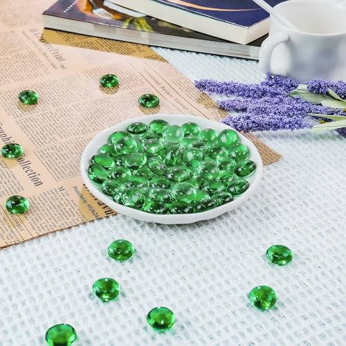CYS EXCEL Green Glass Gemstone Beads Vase Fillers (1 LB) Flat Marble Beads Multiple Color Choices Aquarium Decor Rocks Floral Stones Decorative Mosaic Glass Gem Pebbles (Approx. 85-100 PCS) - color: Green, size: 1 lb
