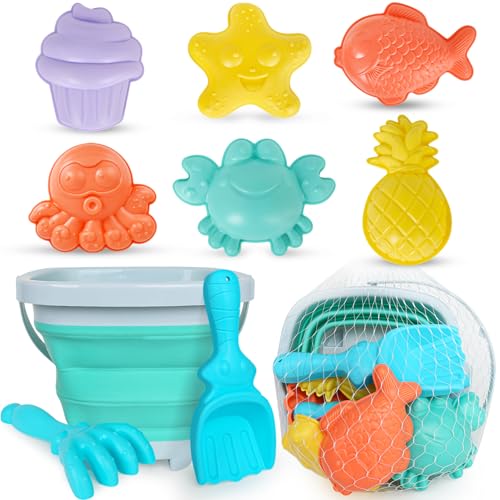 GKDOMS Kids Beach Toys Set with Collapsible Bucket, Sand Molds, Sand Rake and Shovel, Travel Sand Toys Sandplayset for Ages 2-6 (Single Multi) - color: Single Multi