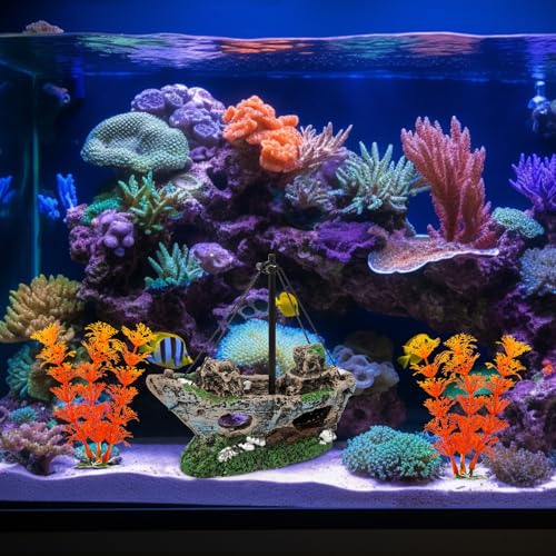 Aquarium Shipwreck Decoration Set Resin Fish Tank Ornaments Accessories for Undersea Aquarium Landscape Decor, Wreck Ship Ornament x 1pc, Aquatic Plants x 2 pcs