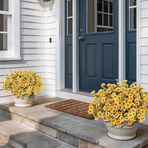VIERENA 12 Bundles Artificial Flowers and Eucalyptus for Outside, Sun Resistant Silk Fake Morning Glory with Faux Eucalyptus Plants for Garden Porch Farmhouse Home Spring Summer Decor (Yellow) - color: Yellow