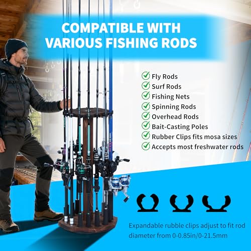 360° Rotating Natural Wood Fishing Rod Holder, Round Floor-Standing Fishing Rack Stores 16 Rods, Fishing Pole Storage Organizer for Garage, Basement, or Shed, Easy to Install - color: Brown, size: Round