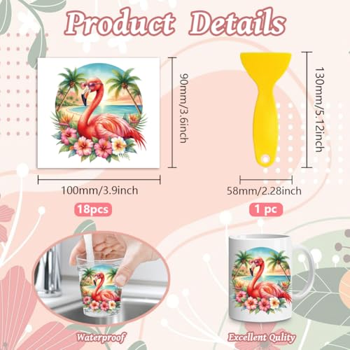 Peacoblue 18 Sheets Rub on Transfers for Crafts, Summer Flamingos 3.6"x3.9" UV DTF Cup Wraps Waterproof Cold Transfers Stickers for Wood Glass Metal Cup Tumblers Mirrors Mugs Home Decor - style: Summer Flamingos