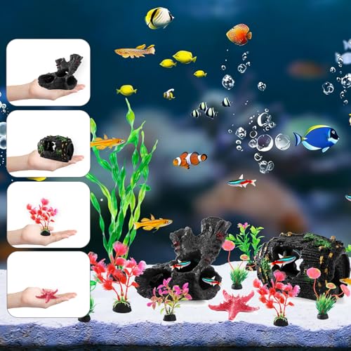 14pcs Fish Tank Decorations Set, Aquarium Decor Driftwood, Resin Fish Broken Barrel and Artificial Plastic Plants, Fish Bowl Ornaments Betta Tank Hideout Accessories