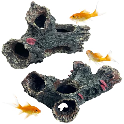 2 Pcs Decaying Trunk Aquarium, Betta Fish Ornament, Freshwater Ornament - Small Resin Aquarium Decoration Log, 20 Gallon Fish Tank Wood with Holes & Aquarium Hideout Caves