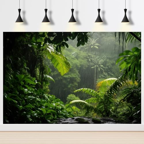 Raining Rainforest Aquarium Background Tropical Rain Shower Green Jungle Leaves Fish Tank Background Lush Foliage Wet Forest Reptile Tank Backgrounds Foggy Trees Reptile Enclosure Backgrounds 24x12in - color: Dark Green, size: 24(W)x12(H)inches/ 60(W)*30c