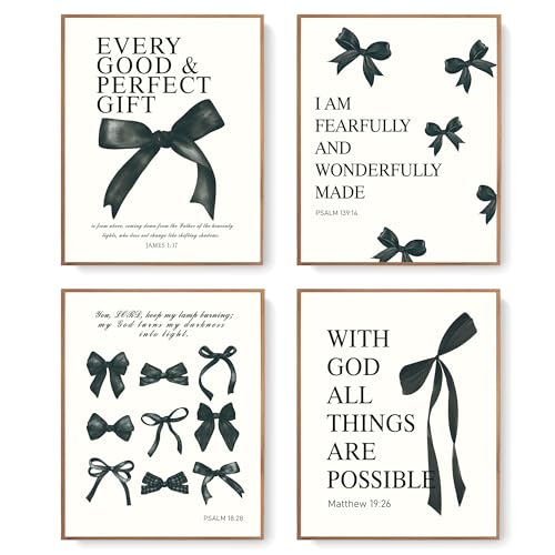 LARTSFRO Coquette Black Bow Christian Gifts Wall Art Decor Posters for Women, Black Bow Bible Room Bedroom Bathroom Dorm Wall Art Decor Aesthetic for Teen Girls Gifts, Inspirational Bible Verses Bow Wall Decor, 10x8 Inch Set of 4 Pcs Bow Pictures (UNFRAME