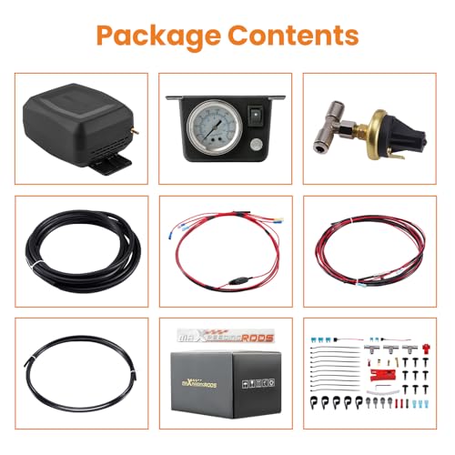 maXpeedingrods On Board Air Compressor System with Low Pressure Sensor Analog Gauge Air Line Fittings Universal Air Compressor Kit for Trucks Vans