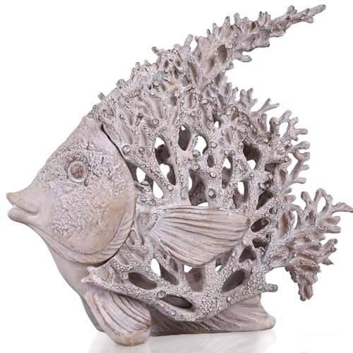 7.28'' Ocean Coral Fish Sculpture - Resin Coastal Fish Figurine with Coral Backdrop, Ocean Blue & Sandy Beige Finish - Nautical Tabletop Accent for Living Room, Beach House & Bathroom Decor - color: Antique White, size: Small