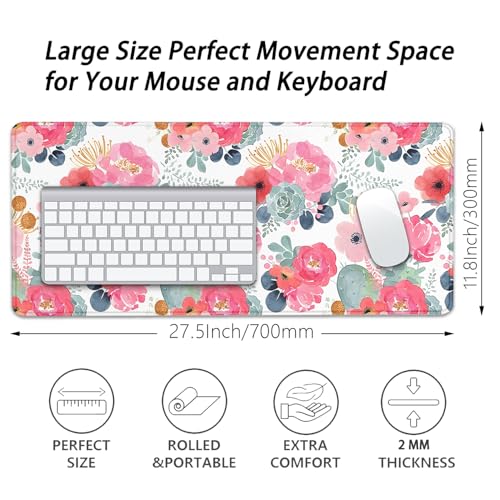 Watercolor Flowers Desk Pad Mouse Pad,Large Floral Mouse Mat with Stitched Edges,Non-Slip Rubber Base Mousepad for Office PC Keyboard Laptop and Home Work Desk Mat(27.5X11.8 in) - color: Watercolor flowers