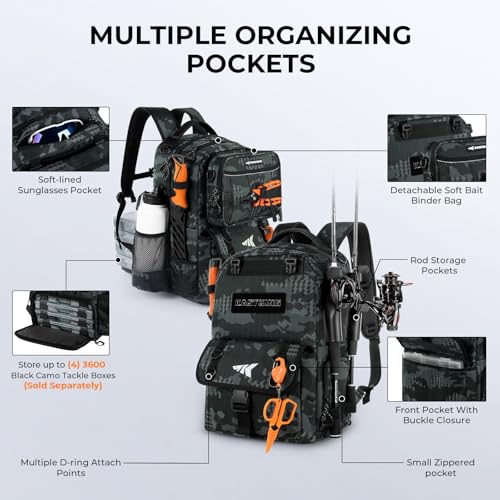KastKing BaitSpace Fishing Tackle Backpack with Removable Bait Binder,2 Rod Holders Storage Fishing Gear and Equipment - color: F: Black Camo（Without tackle box）
