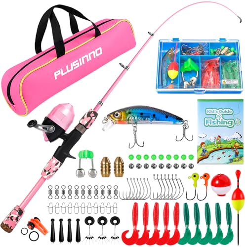 PLUSINNO Kids Fishing Pole with Spincast Reel Telescopic Fishing Rod Combo Full Kits for Boys, Girls, and Adults - color: Pink, size: 4FT / 1.2M