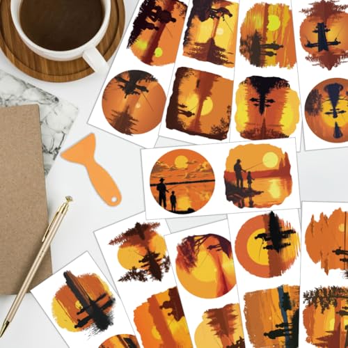 arricraft 10 Sheets Outdoor Fishing UV DTF Cup Wrap for 16OZ Glass, Sunset Views by The Lake Rub on Decals PVC Transfer Stickers for DIY Cups Wood Funiture 24x11cm/9.4x4.3inch - style: Outdoor Fishing Theme