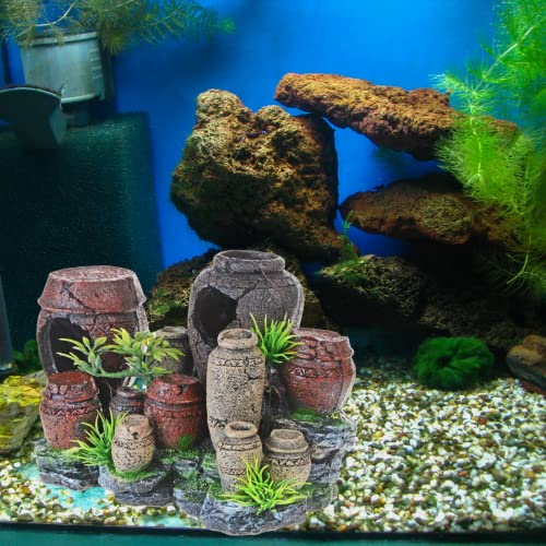 Saim Aquarium Barrel Decorations, Artificial Antique Barrels Crafts Landscaping Resin Decor Fish Tank Ornament for Betta Cichlids Hideaway Cave, Gold Fish Hideout, Reptile Tank