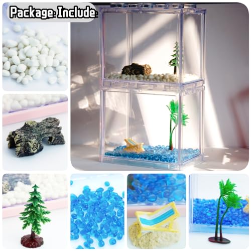 2 Pack Sea Monkey Fish Tank, Mini Betta Fish Tank Stackable Aquarium Tank Kit with Aquarium Gravel & Micro Landscape, 0.6 Gallon Acrylic Fish Bowl Tiny Shrimp Tank for Baby Fish Crab Moss Ball - color: Clear