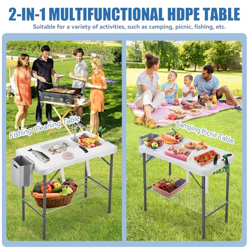 Folding Fish Cleaning Table Portable Camping Double Sinks Table w/2 Dual Water Basins, Faucet Drainage Hose & Sprayer Outdoor Fish Fillet Cleaning Station w/Knife, Storage Box,Black | Portable - style: Dual sink table