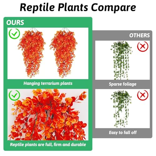 Hamiledyi Fake Reptile Plants 2 Pack Hanging Fake Plants, Plants for Reptiles with Suction Cup, Fake Amphibian Plants for Bearded Dragon Lizard Geckos Chameleon Tank (Orange) - color: Orange, size: 2 PCS