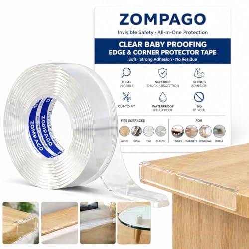 ZOMPAGO Clear Soft Corner Protectors for Baby Safety Furniture Strip 1.6in(W) x9.84FT(L), Sharp Edge Table Corner Bumpers, Wall Corner Guards, Baby Proof Corner Protectors for Cabinet & Window Edge - size: 1.6in x9.84FT